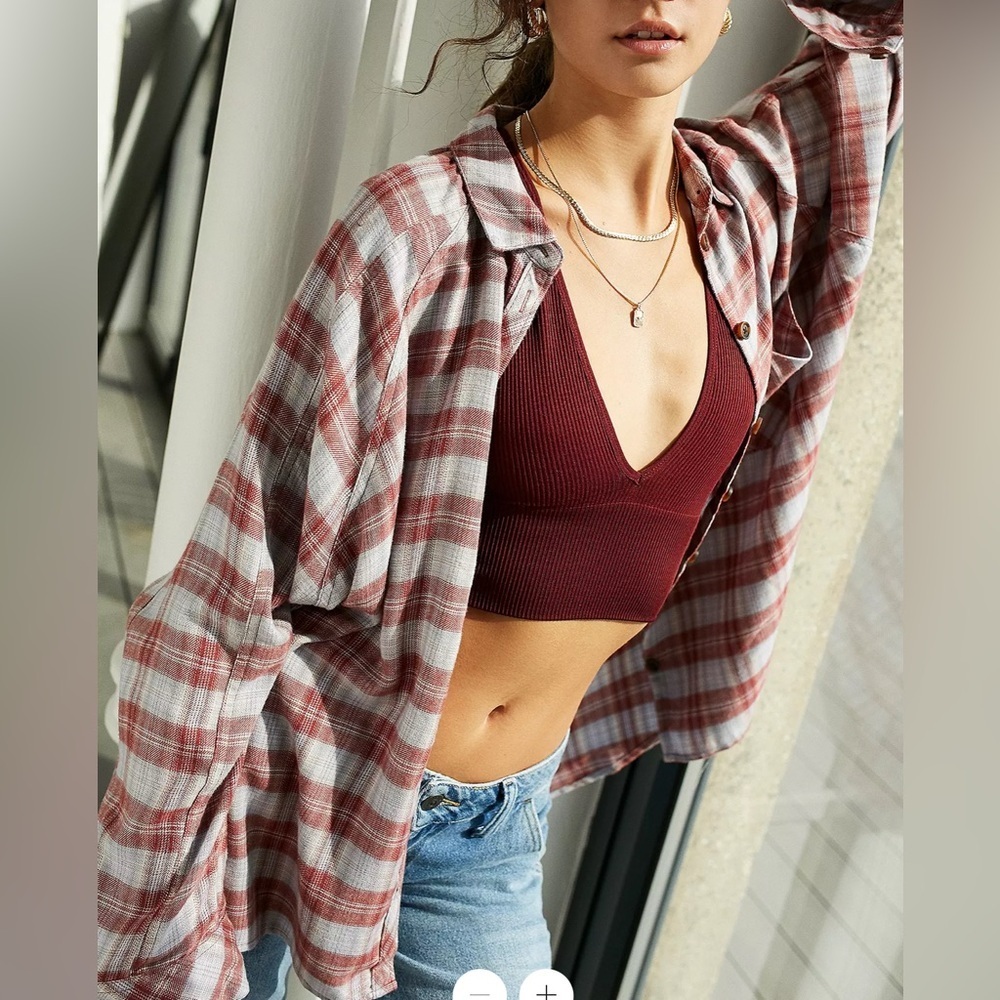 EUC BDG Urban Outfitters Brandon Plaid High-low Flannel Button-up Shirt S/P - Picture 3 of 15